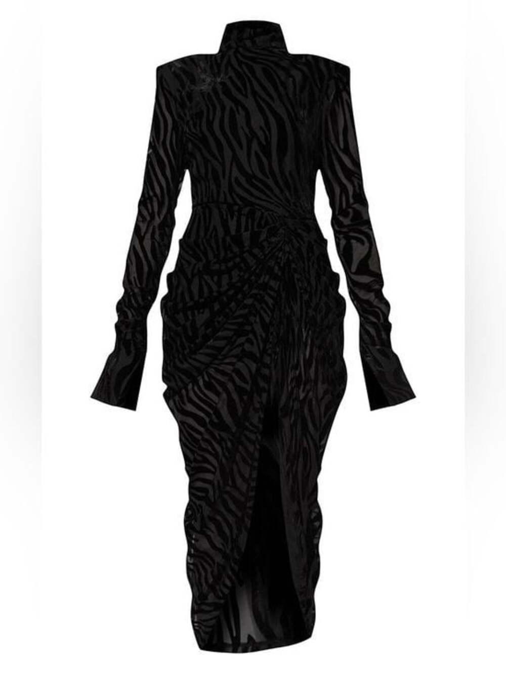 BLACK ZEBRA PRINT DEVORE HIGH NECK DRAPED MIDI DRESS